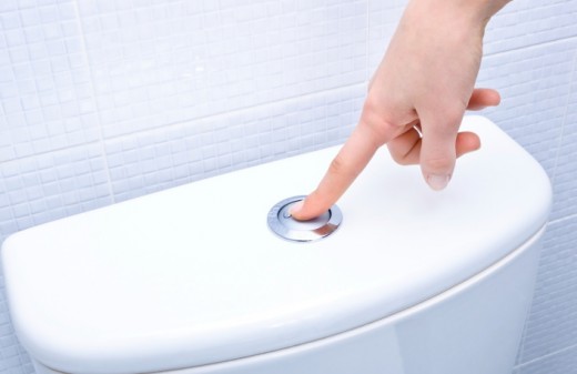 finger pushing button and flushing toilet