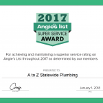 A to Z Statewide Plumbing Earns Esteemed 2017 Angie’s List Super Service Award