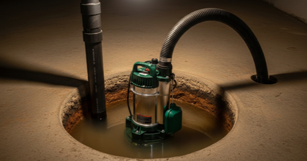 A submersible sump pump installed in a basement pit ready to prevent flooding.