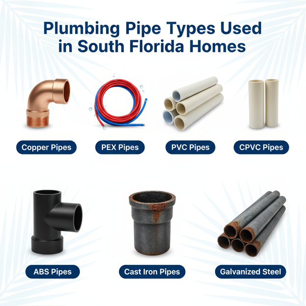 Infographic showing plumbing pipe types used in South Florida homes including copper, PEX, PVC, CPVC, cast iron and galvanized steel pipes