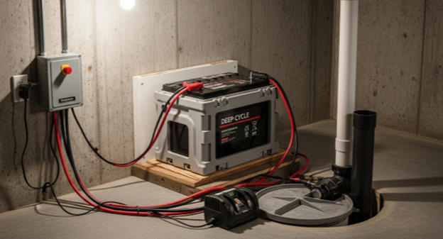 deep cycle sump pump battery installed next to basement sump pit system