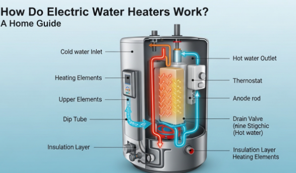 how do electric water heaters work diagram with labeled parts