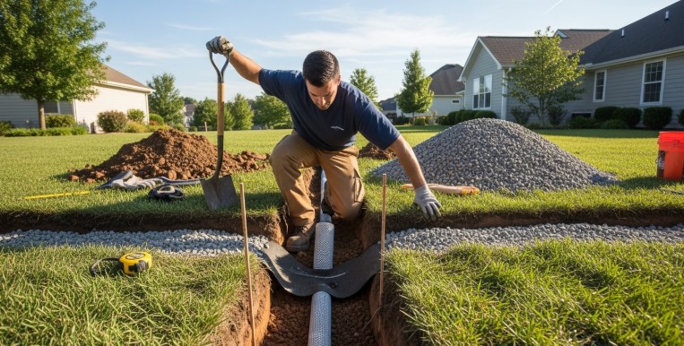 Plumber installing French drain for yard drainage solution