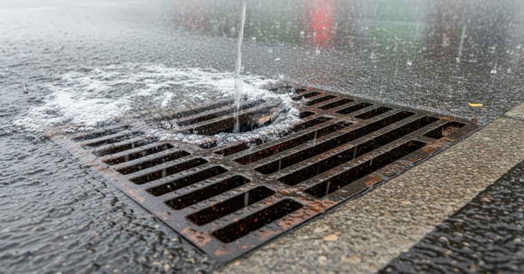 Storm drain metal grate on street collecting rainwater during heavy rainfall and preventing road flooding in urban drainage system
