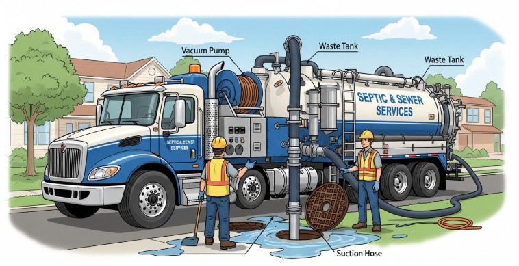 What is a vacuum truck used for in plumbing sewer and septic waste removal system cleaning operation illustration