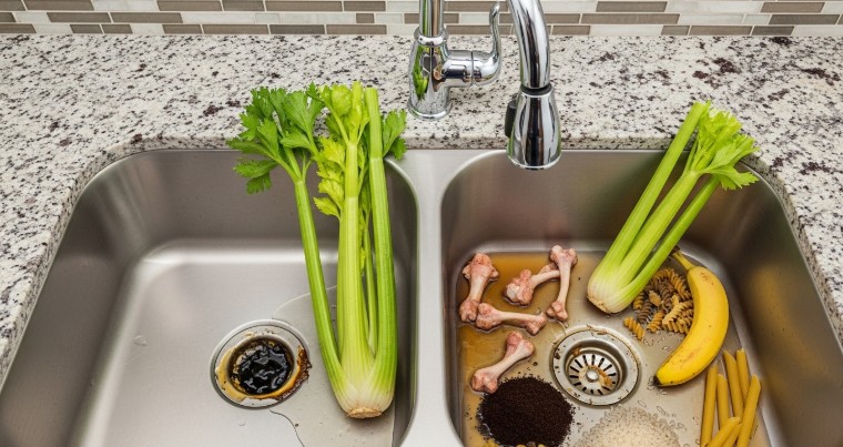 What not to put in a garbage disposal? kitchen sink showing unsafe food waste items causing clog in drain system