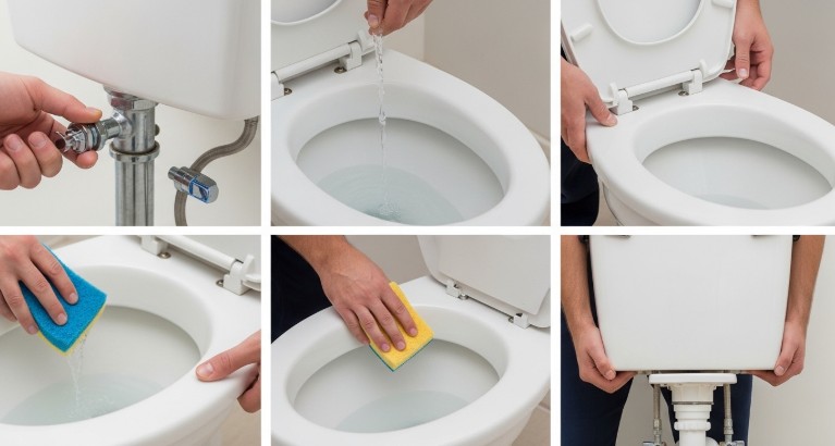 How to drain a toilet for removal by turning off water valve, flushing toilet, and removing remaining water before lifting toilet safely