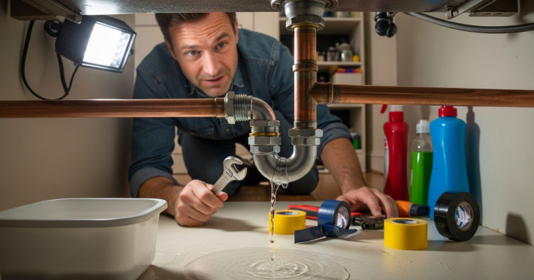 A homeowner trying to fix a leaking pipe under the sink