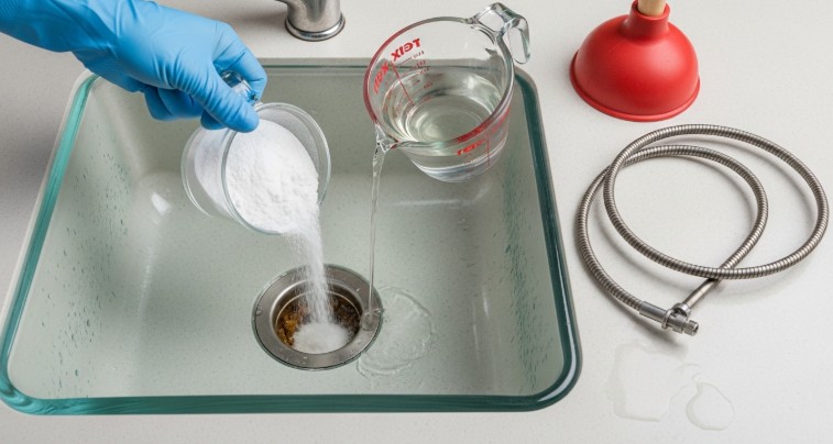 How to clean kitchen drain using baking soda, vinegar, plunger, and drain snake for clearing kitchen sink clogs and grease buildup