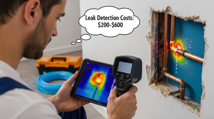 How much does leak detection cost breakdown showing plumber using thermal camera to detect hidden water leak in wall