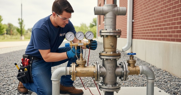 Plumber performing backflow preventer test with pressure gauges