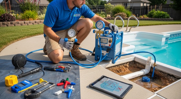 How much does pool leak detection cost showing technician using pressure testing equipment to find underground pool pipe leak