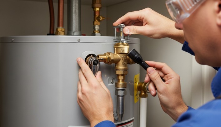 Electric water heater with pressure relief valve inspection for safety